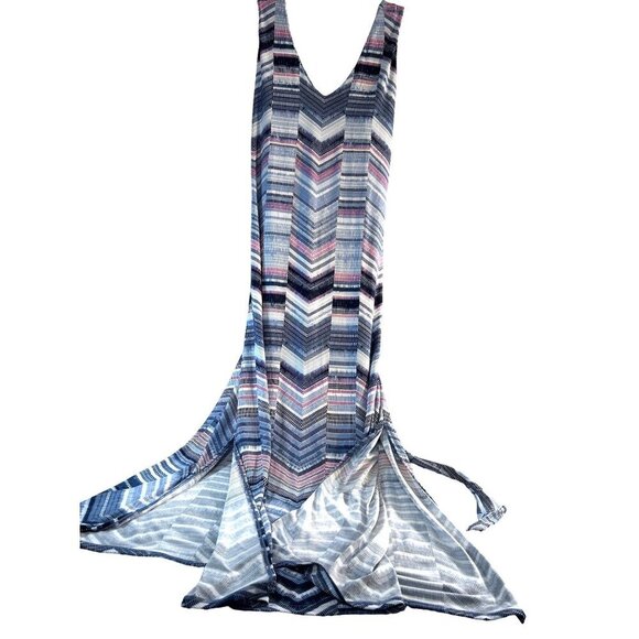 Chico’s Womens Dress Maxi Blue/Pink Multi Belted Sleeveless V-Neck Side Slits Si - Picture 2 of 7
